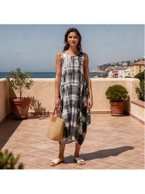 StitchDrop Jersey airy tank maxi dress Tie Dye Black & White Lagenlook Sz L Boho